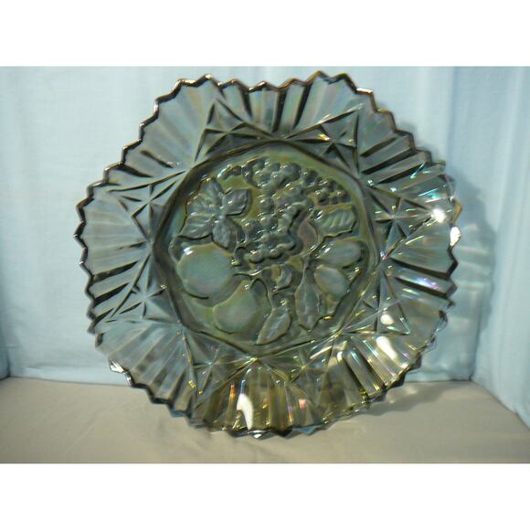 Vtg Federal Glass Smoked Iridescent Fruit Embossed Fruit Wavy Rim Serving Bowl - Picture 3 of 5